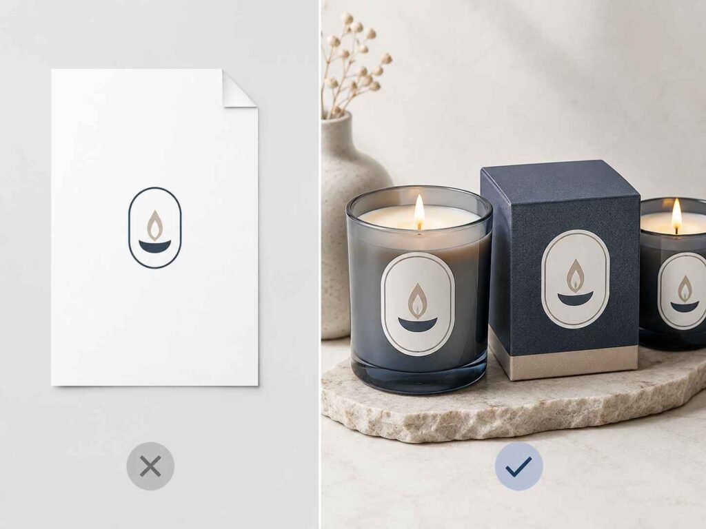 Split image comparing a standalone logo draft versus its active use on commercial candle packaging.