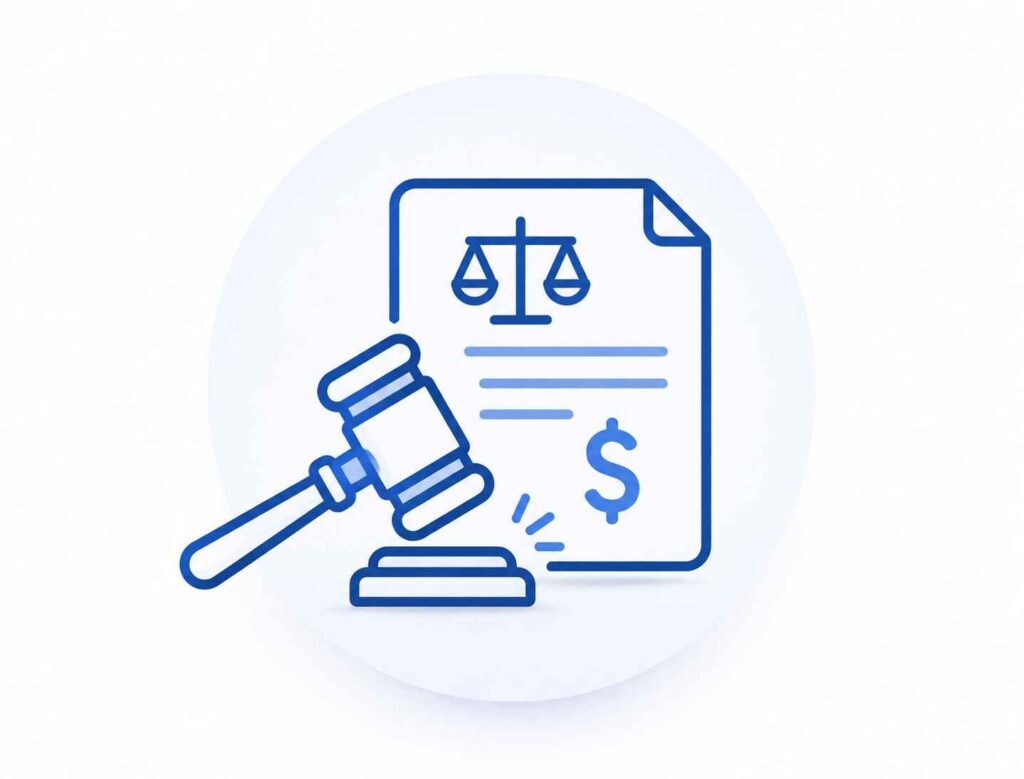 Line art of a judge’s gavel striking a legal document with justice scales and dollar sign icons.