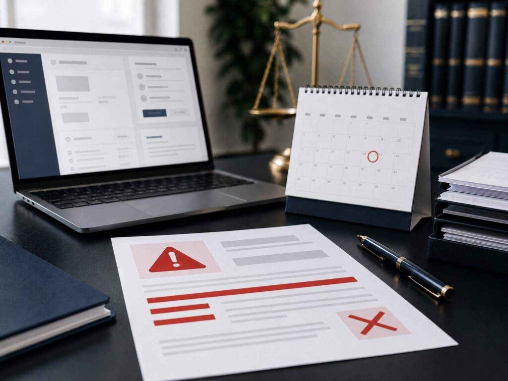 Rejected trademark document with a red warning sign and X mark on a desk with scales of justice.