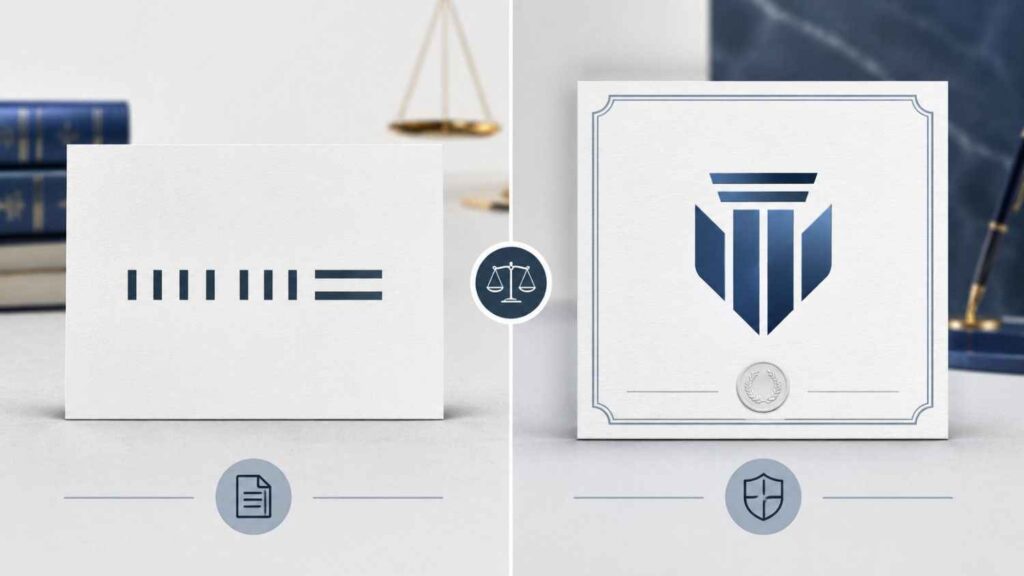 Infographic showing a text logo draft transitioning into a secure, protected brand emblem.