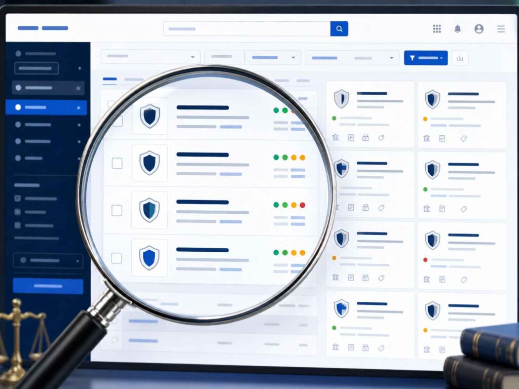 Magnifying glass focusing on a digital trademark registration and monitoring dashboard.