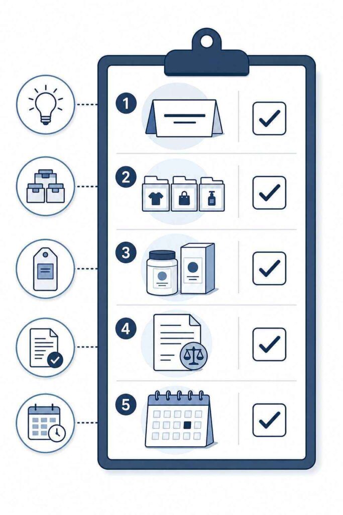 5-step trademark registration checklist infographic on a clipboard with legal icons.