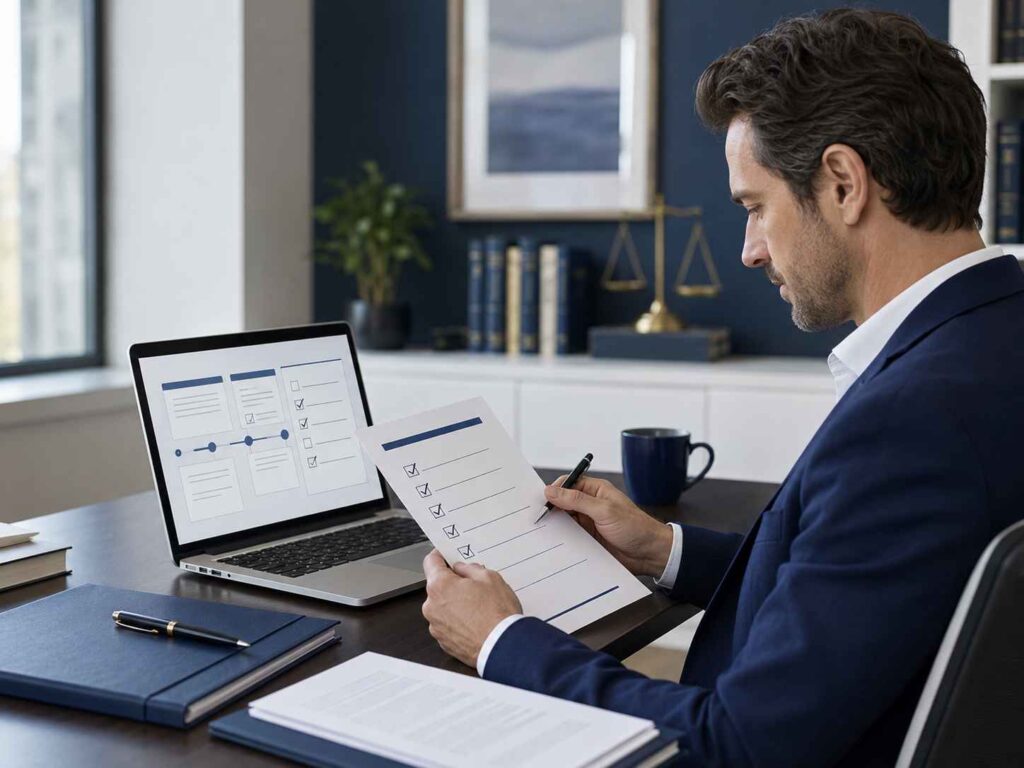 Legal consultant reviewing a brand checklist next to a laptop displaying a trademark timeline.