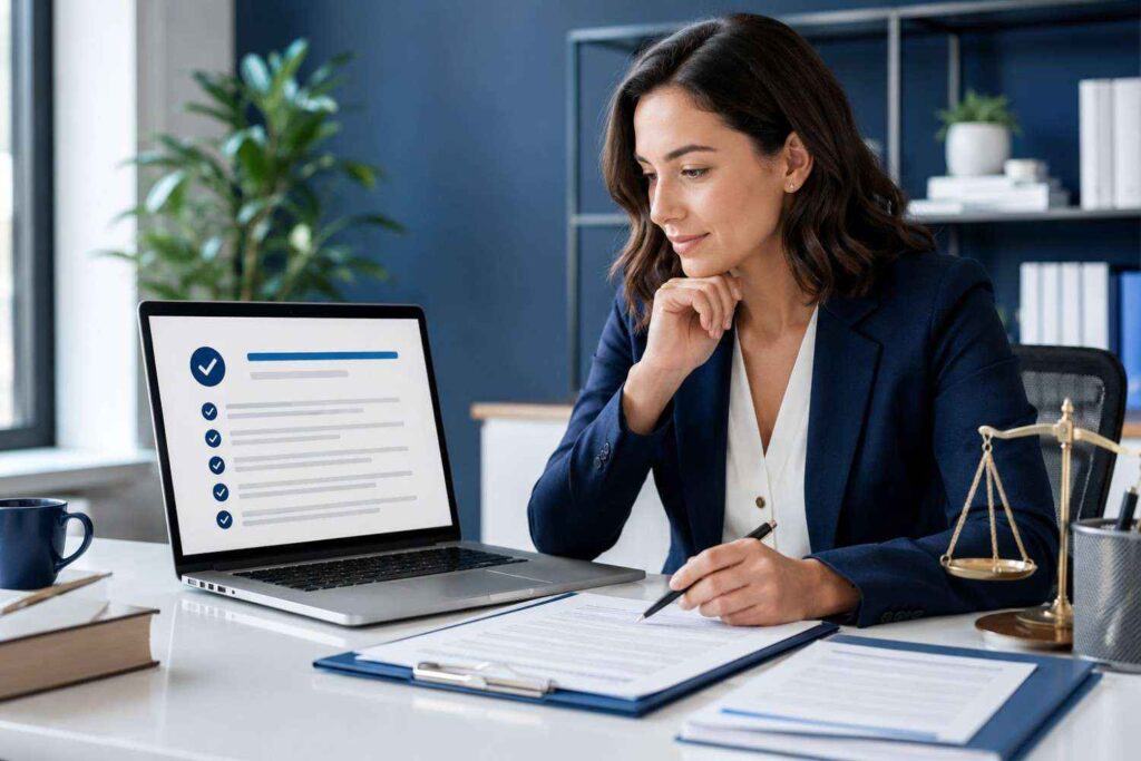 Legal consultant reviewing trademark documents next to a laptop and scales of justice.