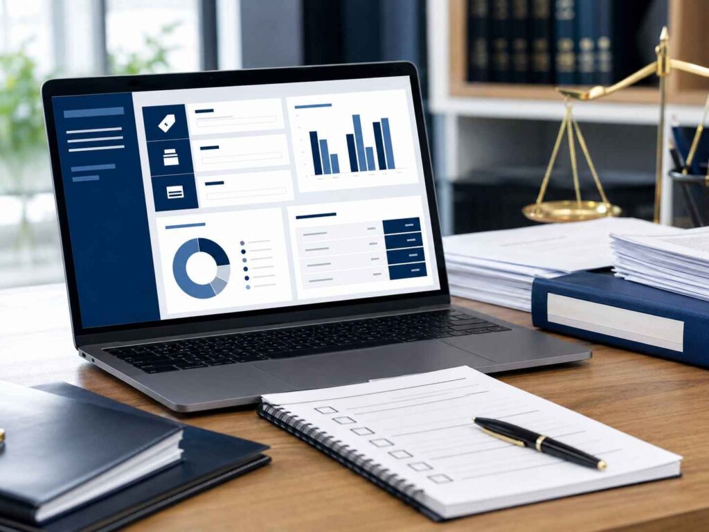 Laptop showing an analytics dashboard next to legal scales of justice on an office desk.