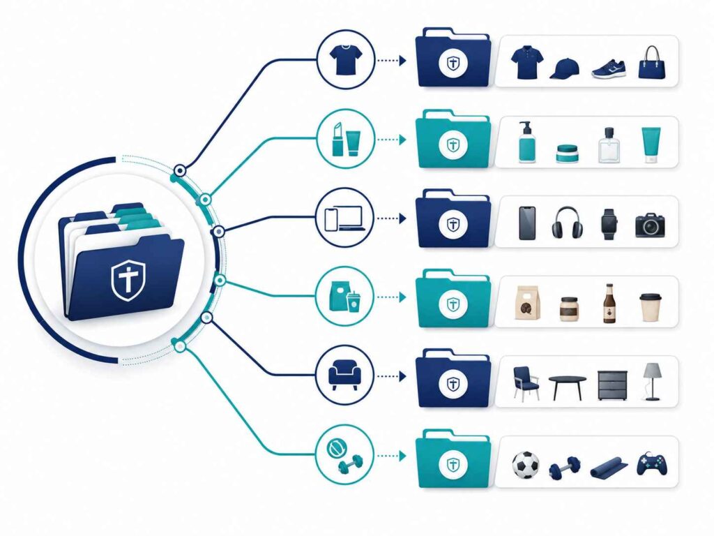 Infographic showing a secure trademark folder branching into different product categories.