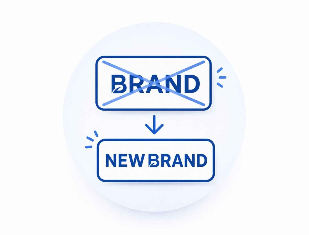 Illustration of an old logo crossed out and replaced with a new brand logo.